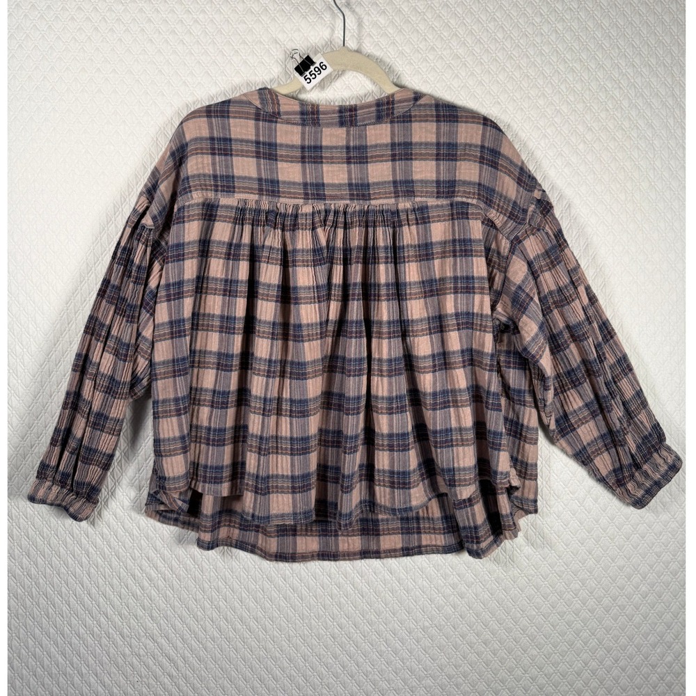 We The Free Free People Jessi Plaid Henley Sm Babydoll Peasant Top Pink Blue 1.5 - Picture 3 of 8